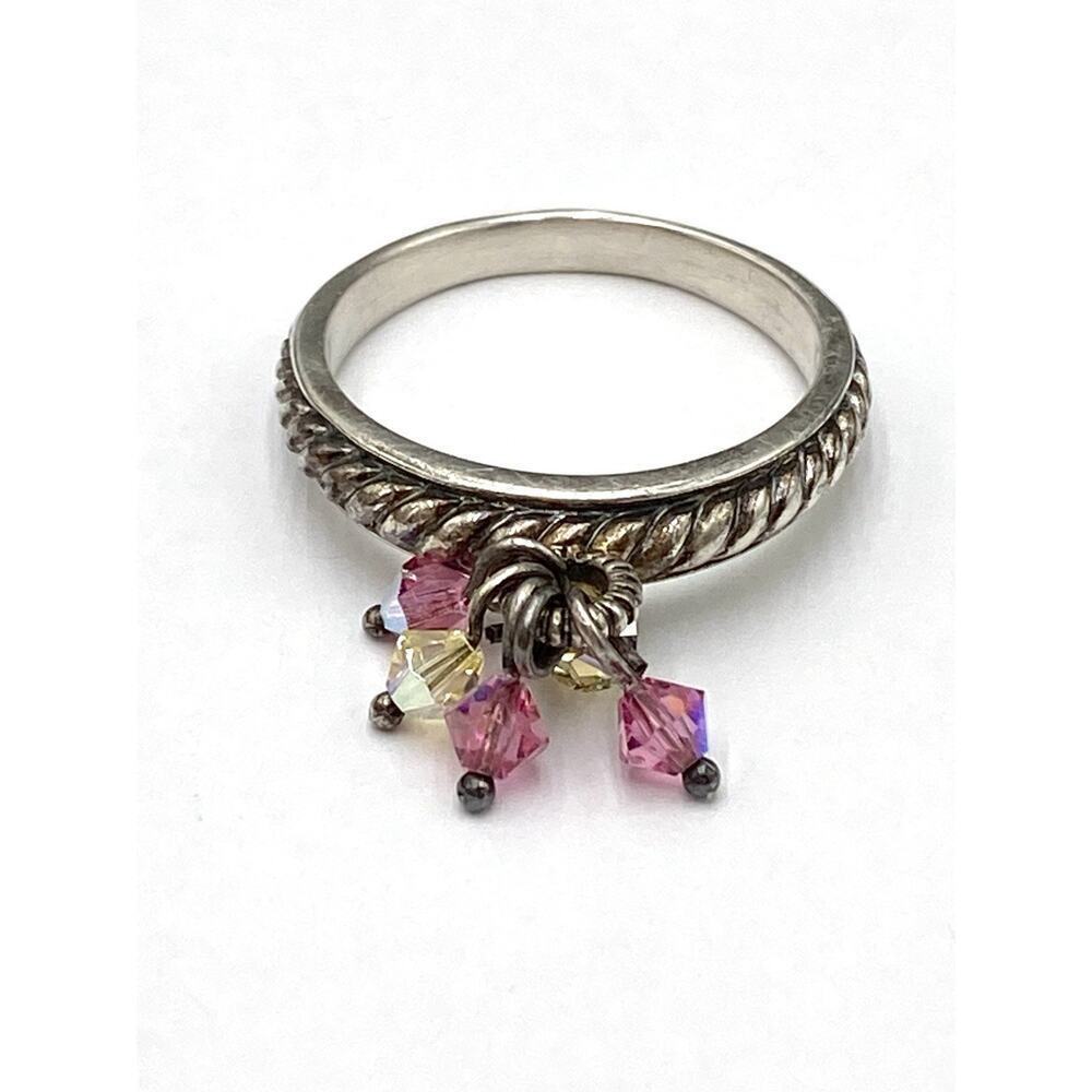 925 Thailand Sterling Silver Ring Faceted Bead Dangles Pink Yellow 9.75
